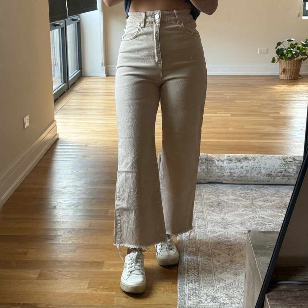 Abrand Wide-Leg Raw Hem Beige Jeans